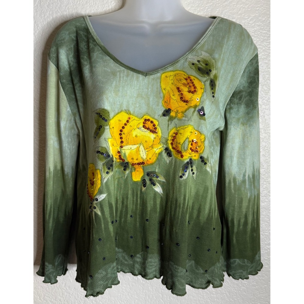 Chaudry Sports L Top Green Floral Sequin Beaded Tie Dye Lettuce Edge‎ Hem NEW